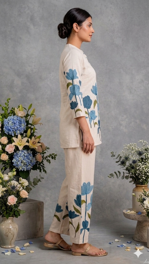 Blue Floral Printed Co-ord Set – Cream Kurta & Straight Pants