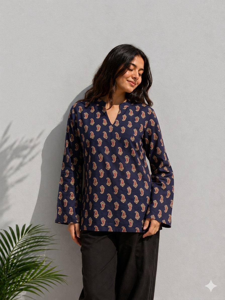 Navy Blue Paisley Printed Cotton Casual Kurti Top