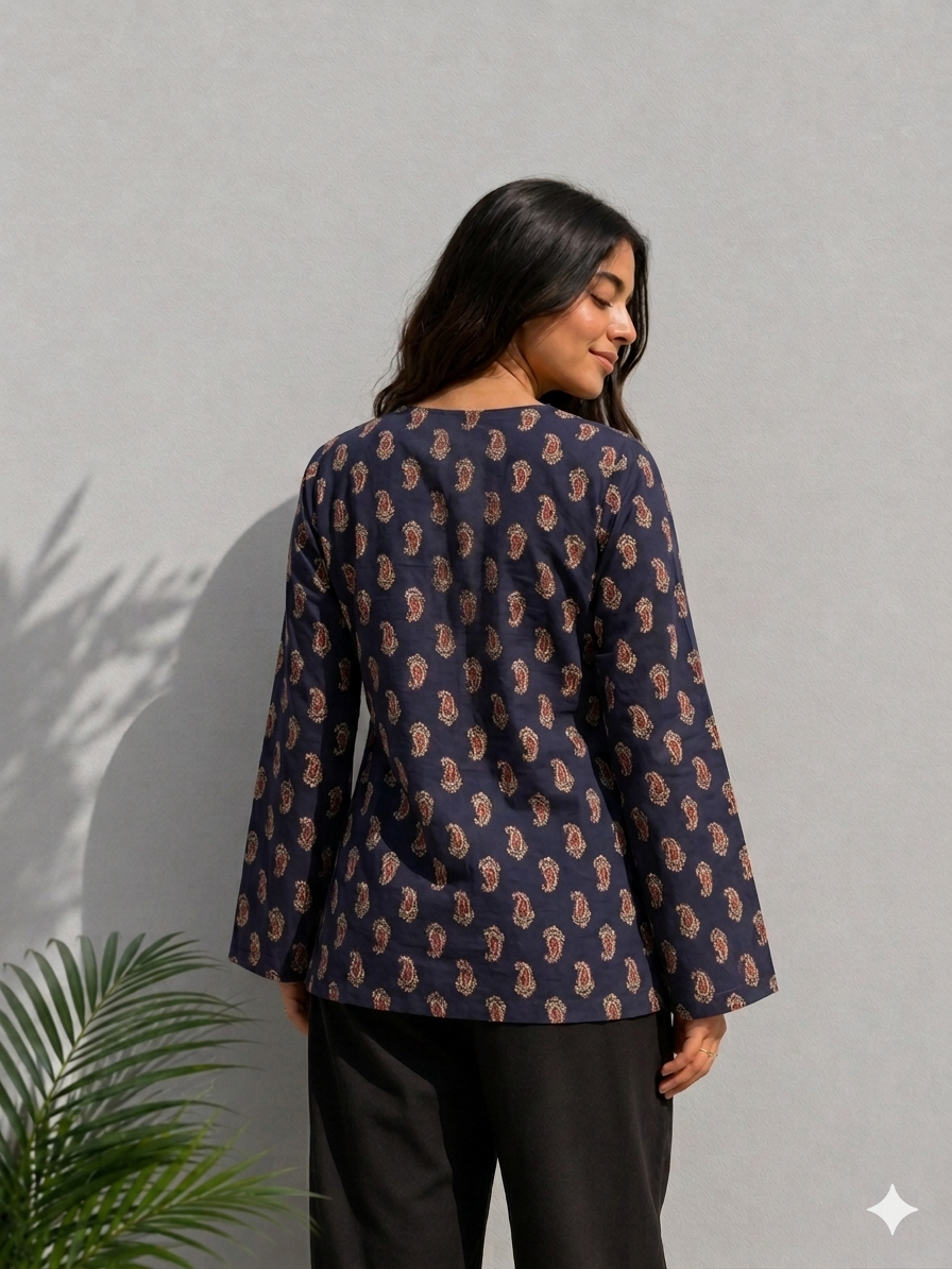 Navy Blue Paisley Printed Cotton Casual Kurti Top