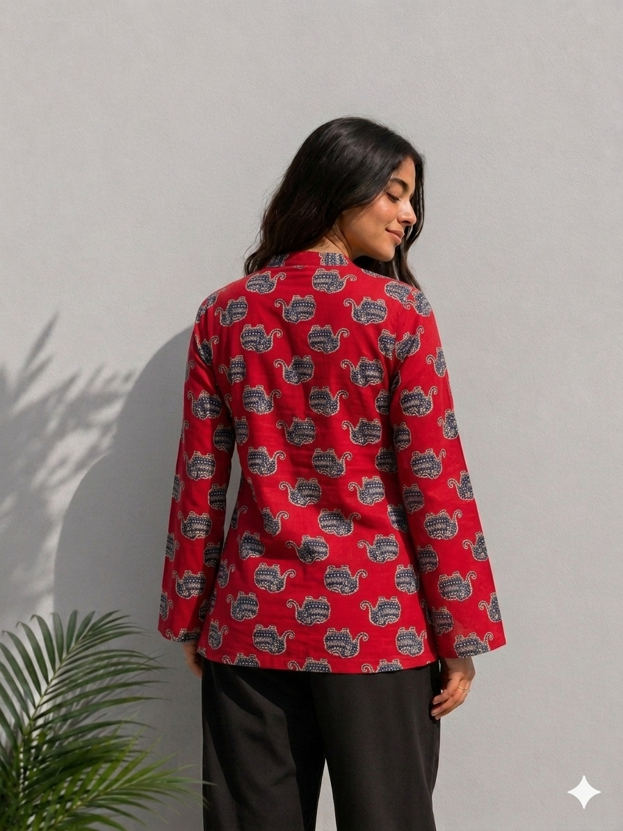 Red Teapot Print Cotton Kurti for Women