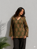 Olive Green Paisley Printed Cotton Kurti – Elegant Women's Tunic Top
