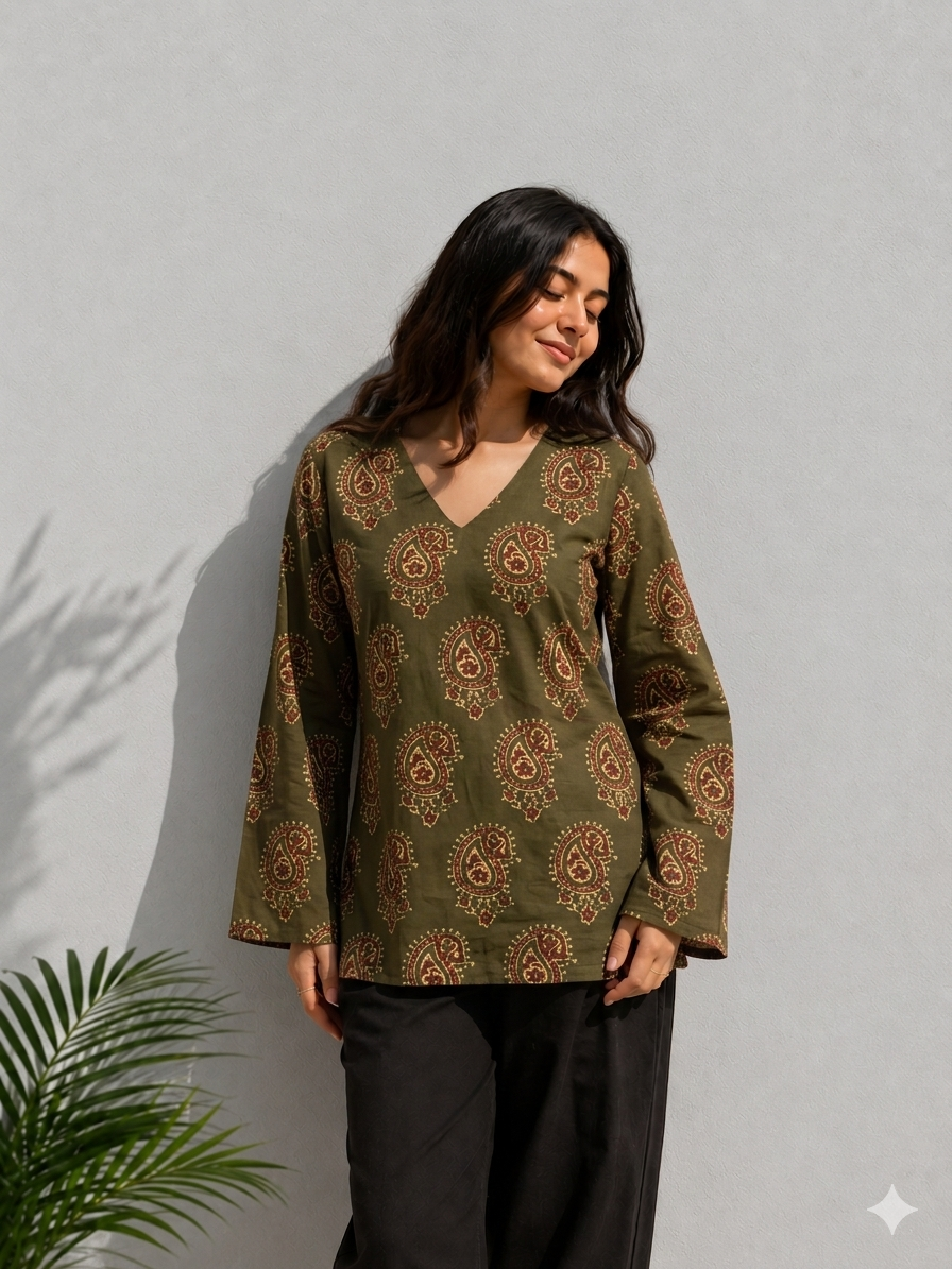 Olive Green Paisley Printed Cotton Kurti – Elegant Women's Tunic Top