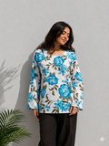 Blue Floral Print Cotton Top for Women