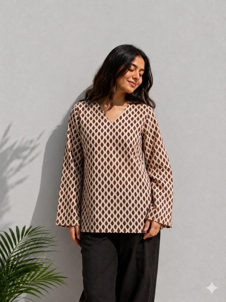 Laddy Luxe Beige Printed Cotton Kurti for Women | Diamond Motif Ethnic Top