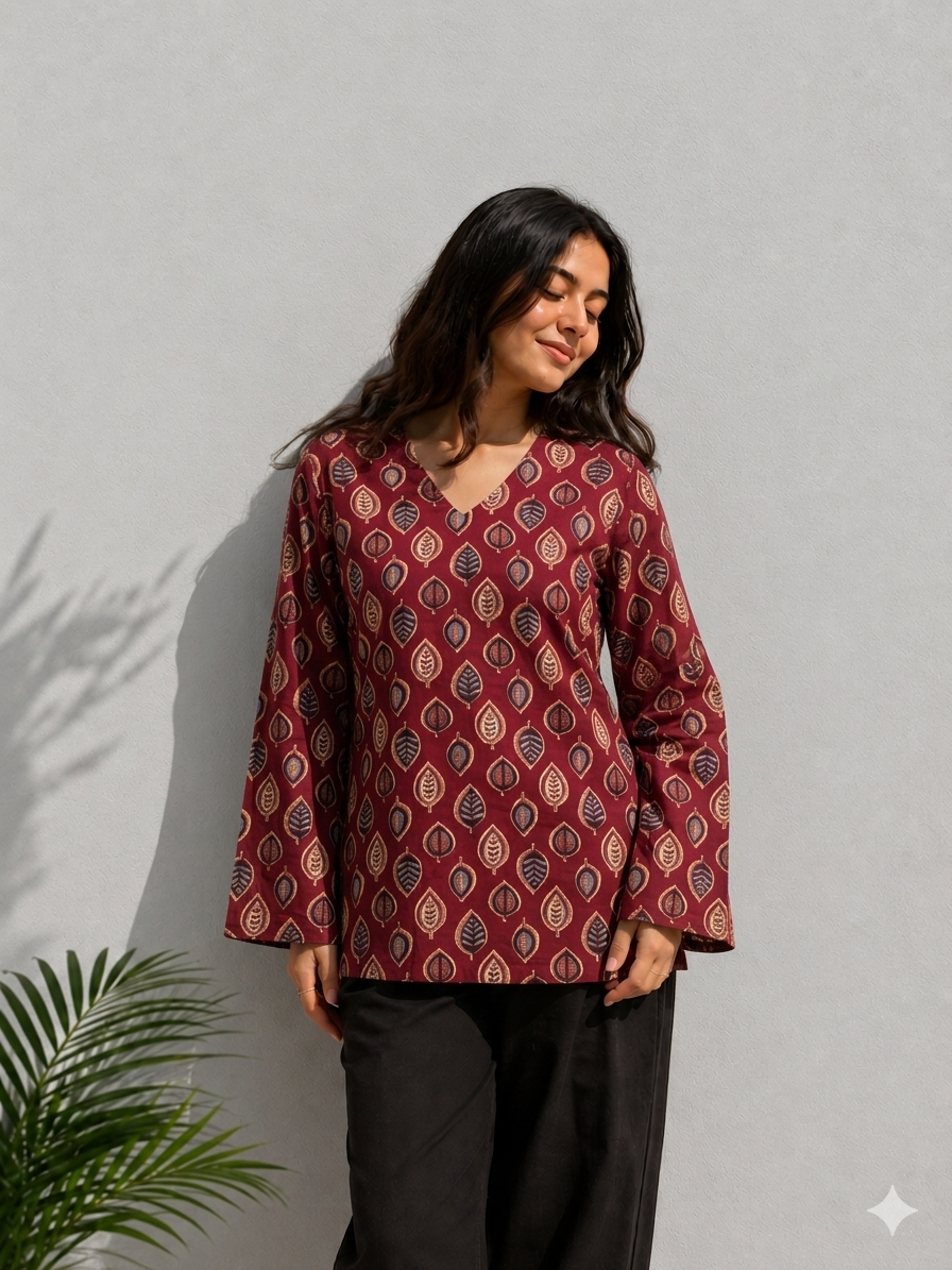 Maroon Printed Cotton Kurti for Women | Elegant Leaf Motif Casual Top