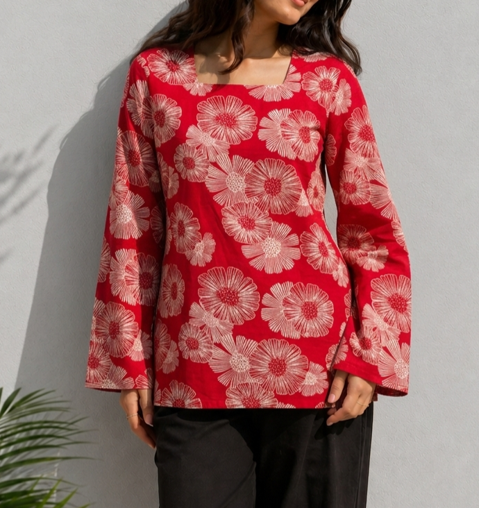 Red Floral Printed Cotton Kurti for Women | Elegant Square Neck Casual Top