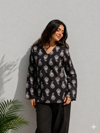 Black Cotton Printed Kurti – Elegant Paisley Design Tunic Top for Women
