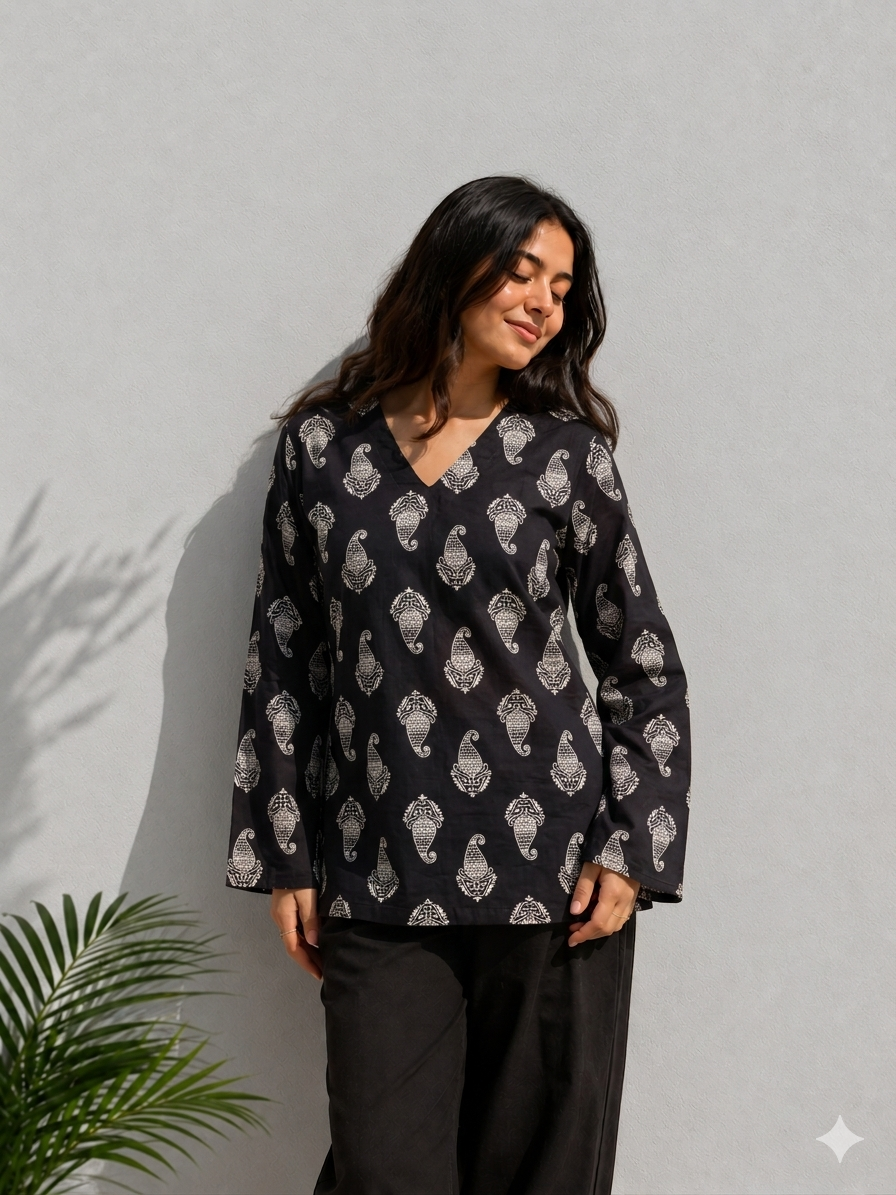 Black Cotton Printed Kurti – Elegant Paisley Design Tunic Top for Women