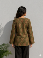 Olive Green Paisley Printed Cotton Kurti – Elegant Women's Tunic Top