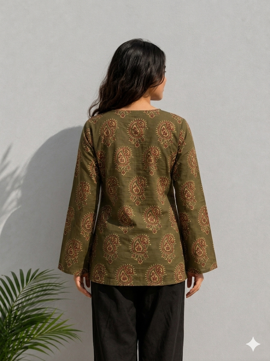Olive Green Paisley Printed Cotton Kurti – Elegant Women's Tunic Top
