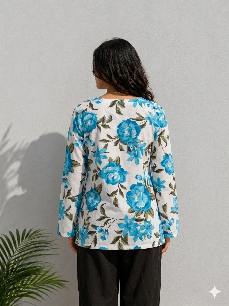 Blue Floral Print Cotton Top for Women