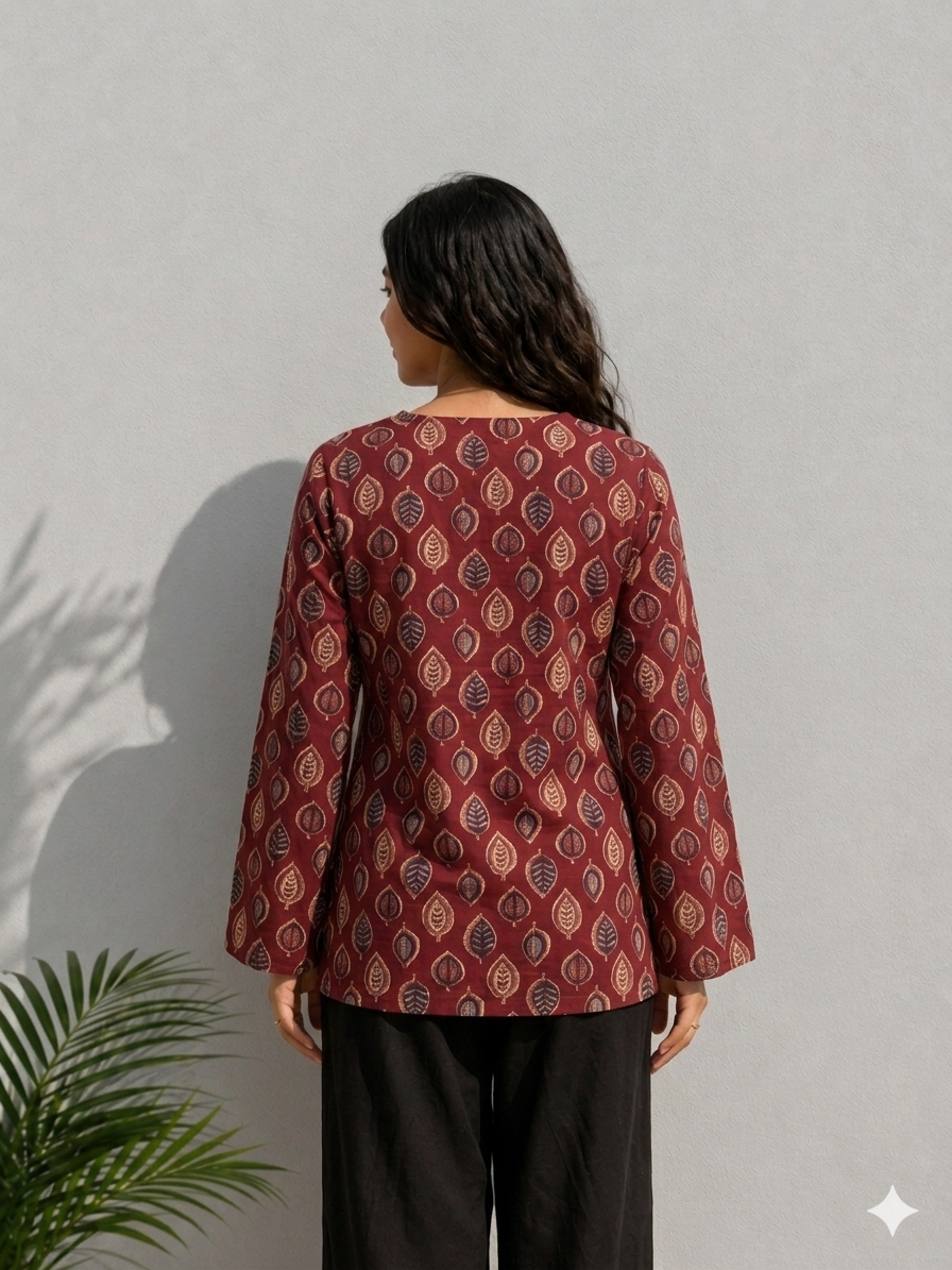 Maroon Printed Cotton Kurti for Women | Elegant Leaf Motif Casual Top