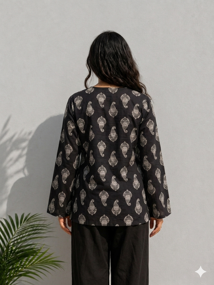 Black Cotton Printed Kurti – Elegant Paisley Design Tunic Top for Women