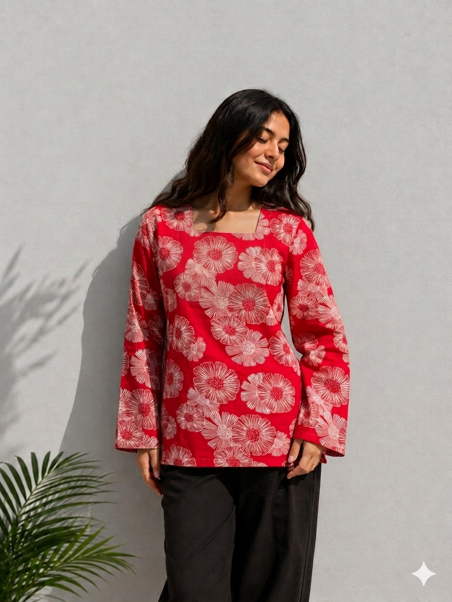 Red Floral Printed Cotton Kurti for Women | Elegant Square Neck Casual Top