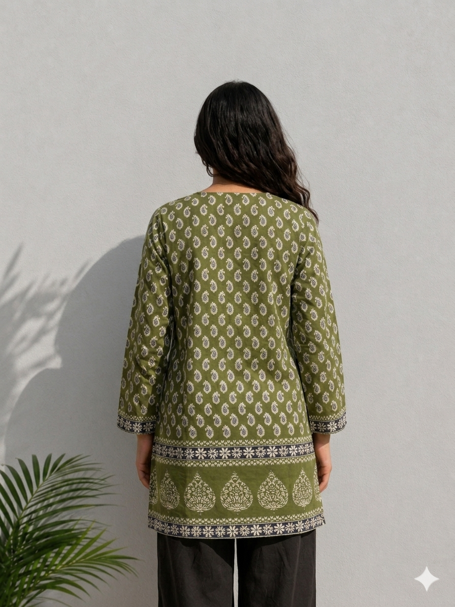 Olive Green Paisley Print Cotton Kurti for Women
