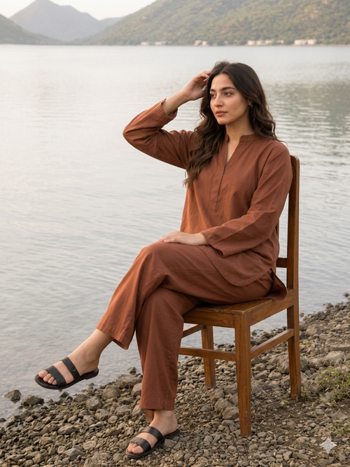 Cinnamon Breeze Co-Ord Set – Brown Straight Fit Kurti & Palazzo