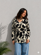 Black & White Abstract Print Full Sleeve Tunic Top