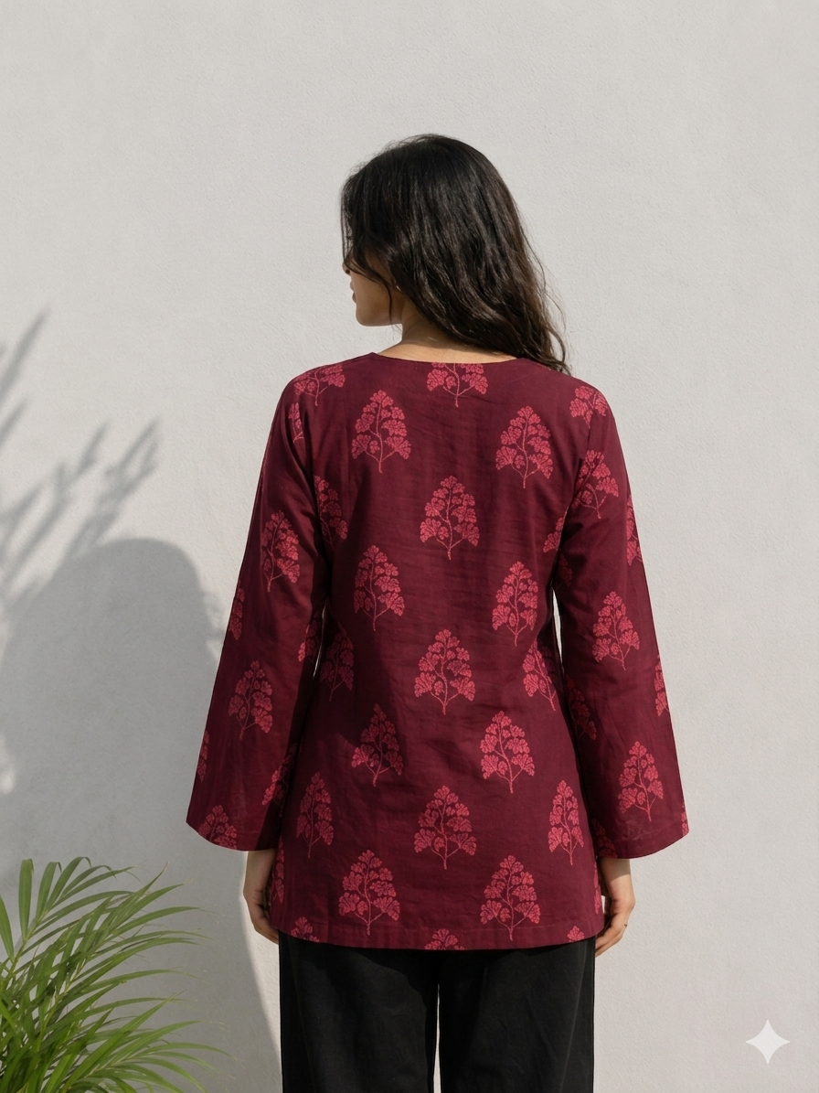 Maroon Floral Print V-Neck Cotton Tunic Top