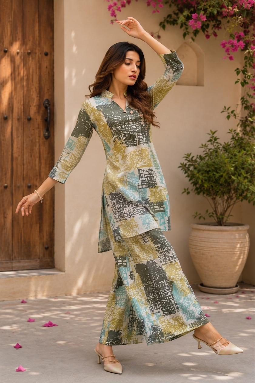 Abstract Print Kurti & Palazzo Co-Ord Set for Women