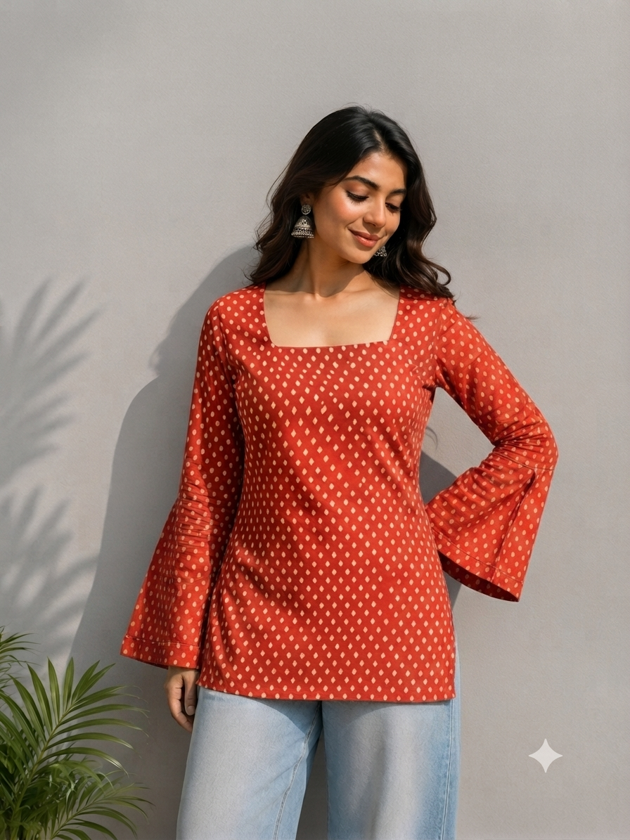 Rust Orange Printed Square Neck Flared Sleeve Top