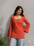 Rust Orange Printed Square Neck Flared Sleeve Top