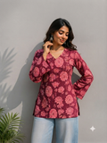 Floral Printed V-Neck Full Sleeve Cotton Top
