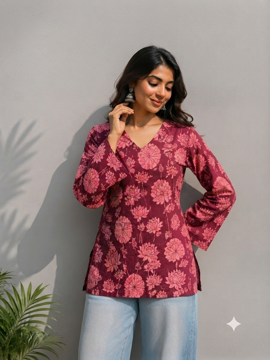 Floral Printed V-Neck Full Sleeve Cotton Top