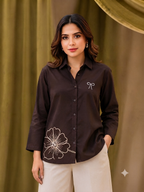 Chocolate Brown Floral Embroidery Shirt for Women