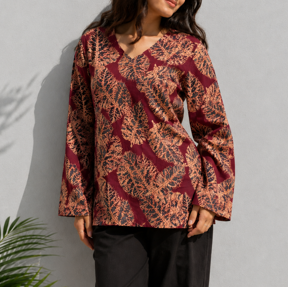 Maroon Leaf Print V-Neck Cotton Kurti for Women