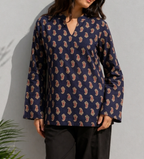 Navy Blue Paisley Printed Cotton Casual Kurti Top
