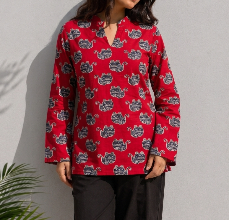 Red Teapot Print Cotton Kurti for Women