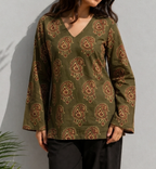 Olive Green Paisley Printed Cotton Kurti – Elegant Women's Tunic Top