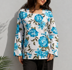 Blue Floral Print Cotton Top for Women