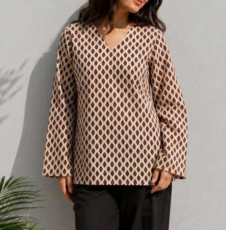 Laddy Luxe Beige Printed Cotton Kurti for Women | Diamond Motif Ethnic Top
