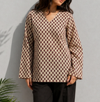 Laddy Luxe Beige Printed Cotton Kurti for Women | Diamond Motif Ethnic Top