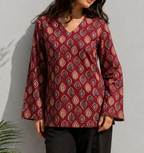 Maroon Printed Cotton Kurti for Women | Elegant Leaf Motif Casual Top