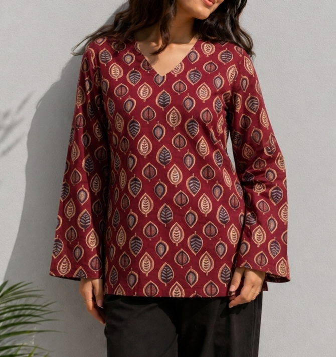 Maroon Printed Cotton Kurti for Women | Elegant Leaf Motif Casual Top