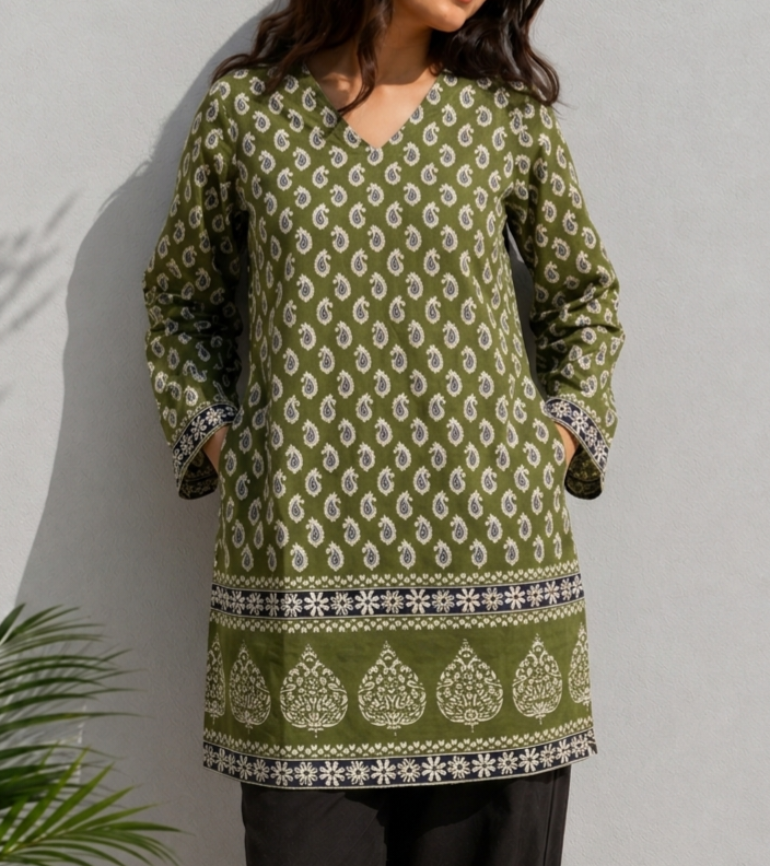 Olive Green Paisley Print Cotton Kurti for Women
