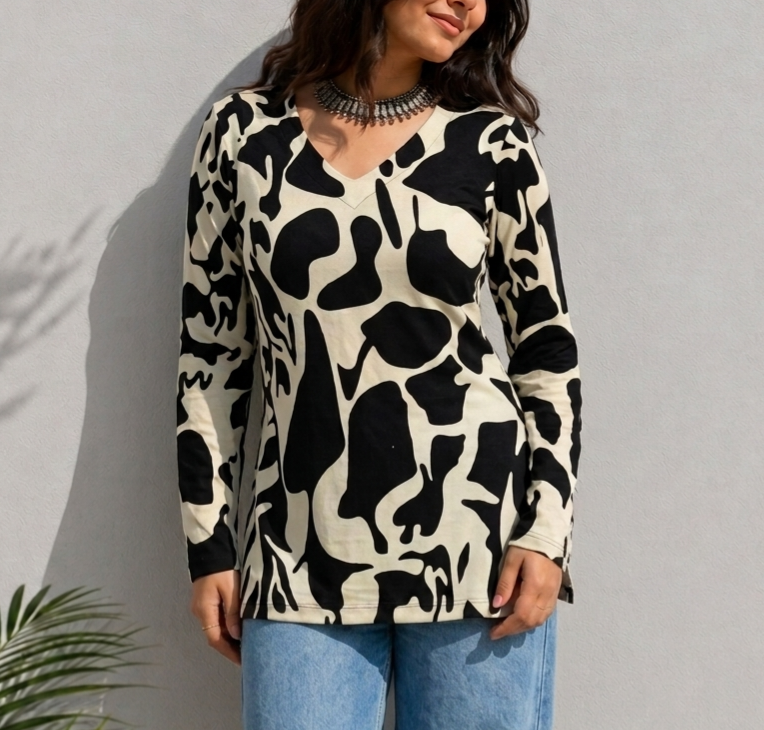 Black & White Abstract Print Full Sleeve Tunic Top