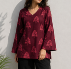 Maroon Floral Print V-Neck Cotton Tunic Top