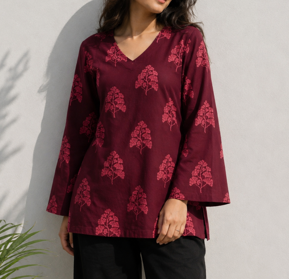 Maroon Floral Print V-Neck Cotton Tunic Top