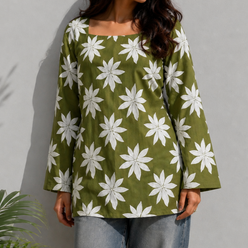 Olive Green Floral Print Tunic Top for Women