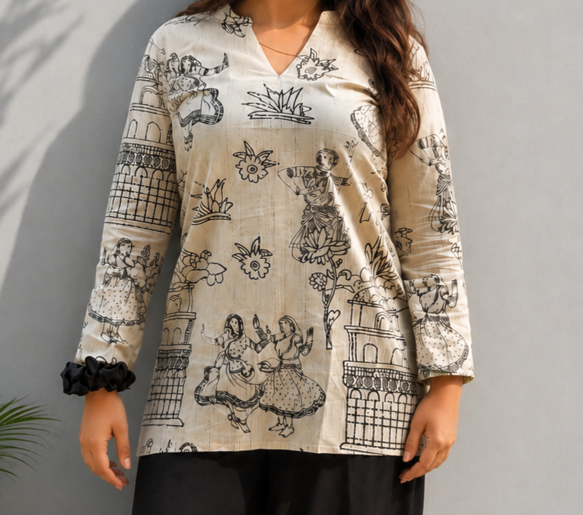 Women's Beige Ethnic Print V-Neck Cotton Tunic Topse