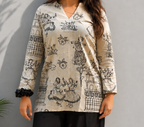 Women's Beige Ethnic Print V-Neck Cotton Tunic Topse