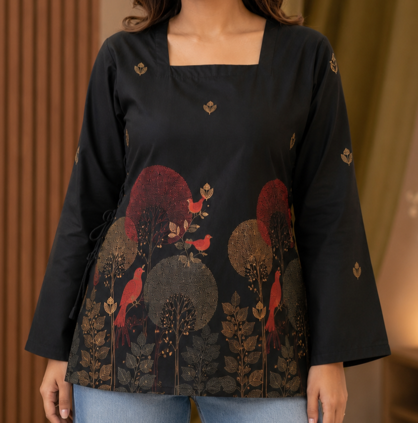 Black Premium Printed Cotton Short Kurti | Elegant Bell Sleeve Designer Top