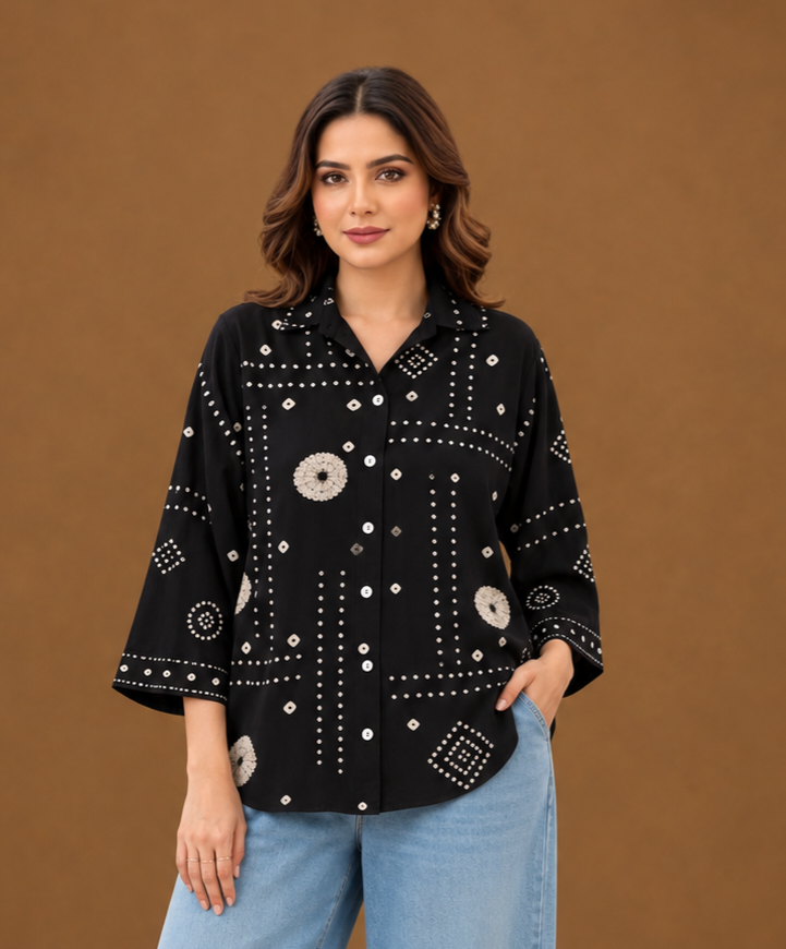 Black Bandhani Print Shirt for Women