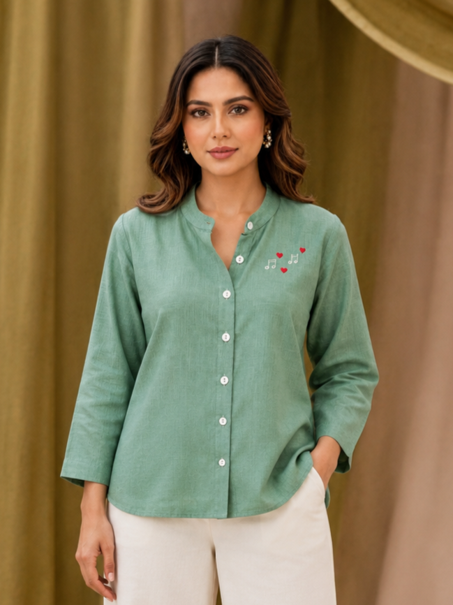 Sage Green Cotton Shirt for Women | Musical Note Embroidered Casual Shirt