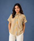 Mustard & White Striped Pure Crape Shirt for Women | Half Sleeve Casual Shirt