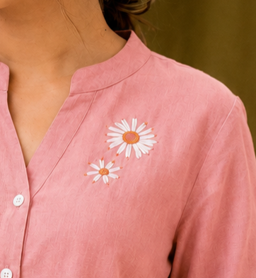 Women's Pink Floral Embroidered Linen Cotton Shirt