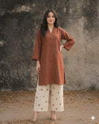 Mocha Charm Kurti & Heart embroidery Palazzo Set